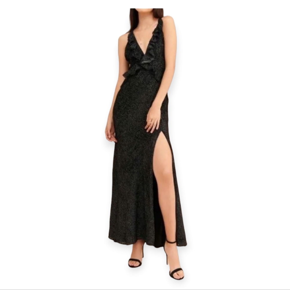 Revolve Ellejay Black Pin Dot Sonja Velvet Slit-Hem Surplice Dress Sz Large NWOT